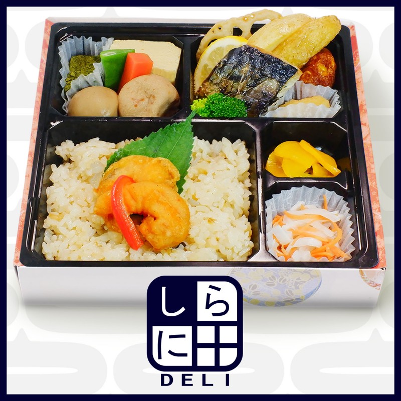 【しらに田デリ】塩サバと海老天弁当 [幅19.5/奥19.5/高4.0]